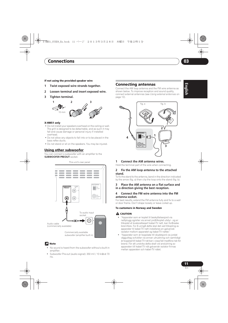 Using other subwoofer, Connecting antennas, Connections 03 | English français español | Pioneer X-HM51-S User Manual | Page 11 / 256