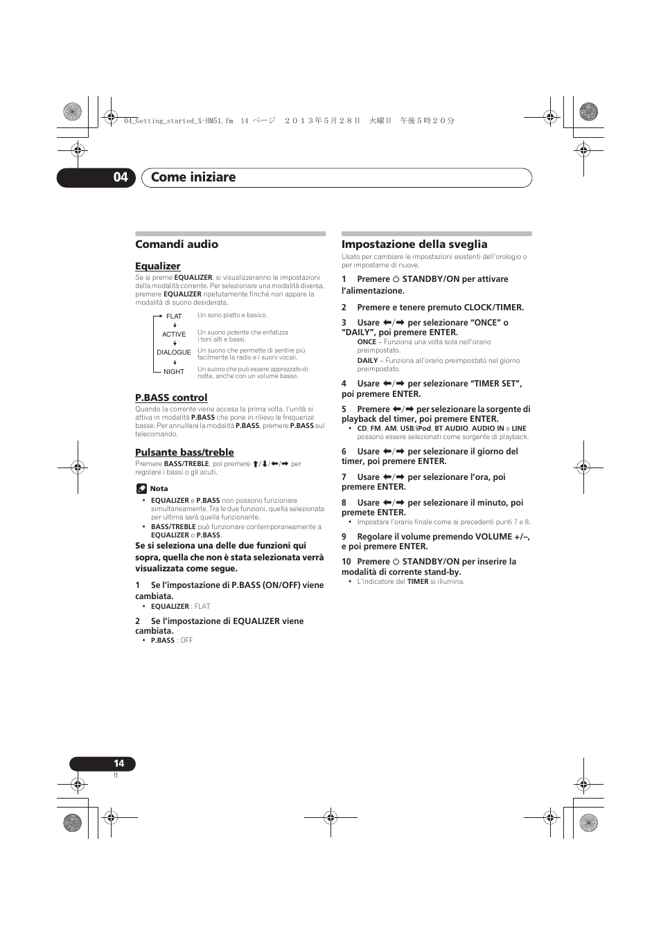 Comandi audio, Equalizer, P.bass control | Pulsante bass/treble, Impostazione della sveglia, Come iniziare 04 | Pioneer X-HM51-S User Manual | Page 122 / 256