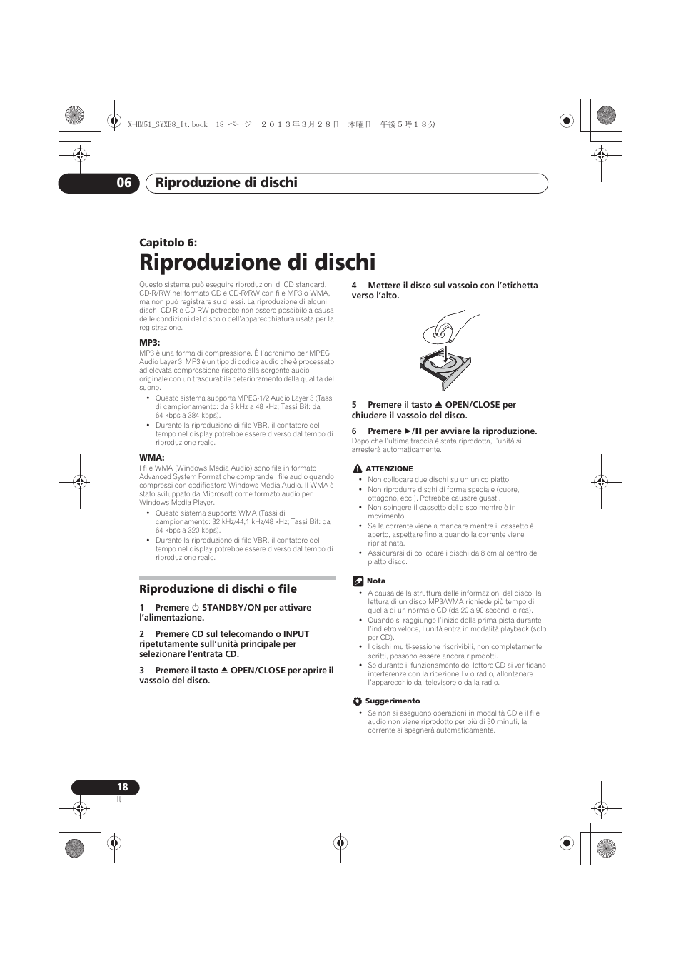 06 riproduzione di dischi, Riproduzione di dischi o file, Riproduzione di dischi | Riproduzione di dischi 06, Capitolo 6 | Pioneer X-HM51-S User Manual | Page 126 / 256