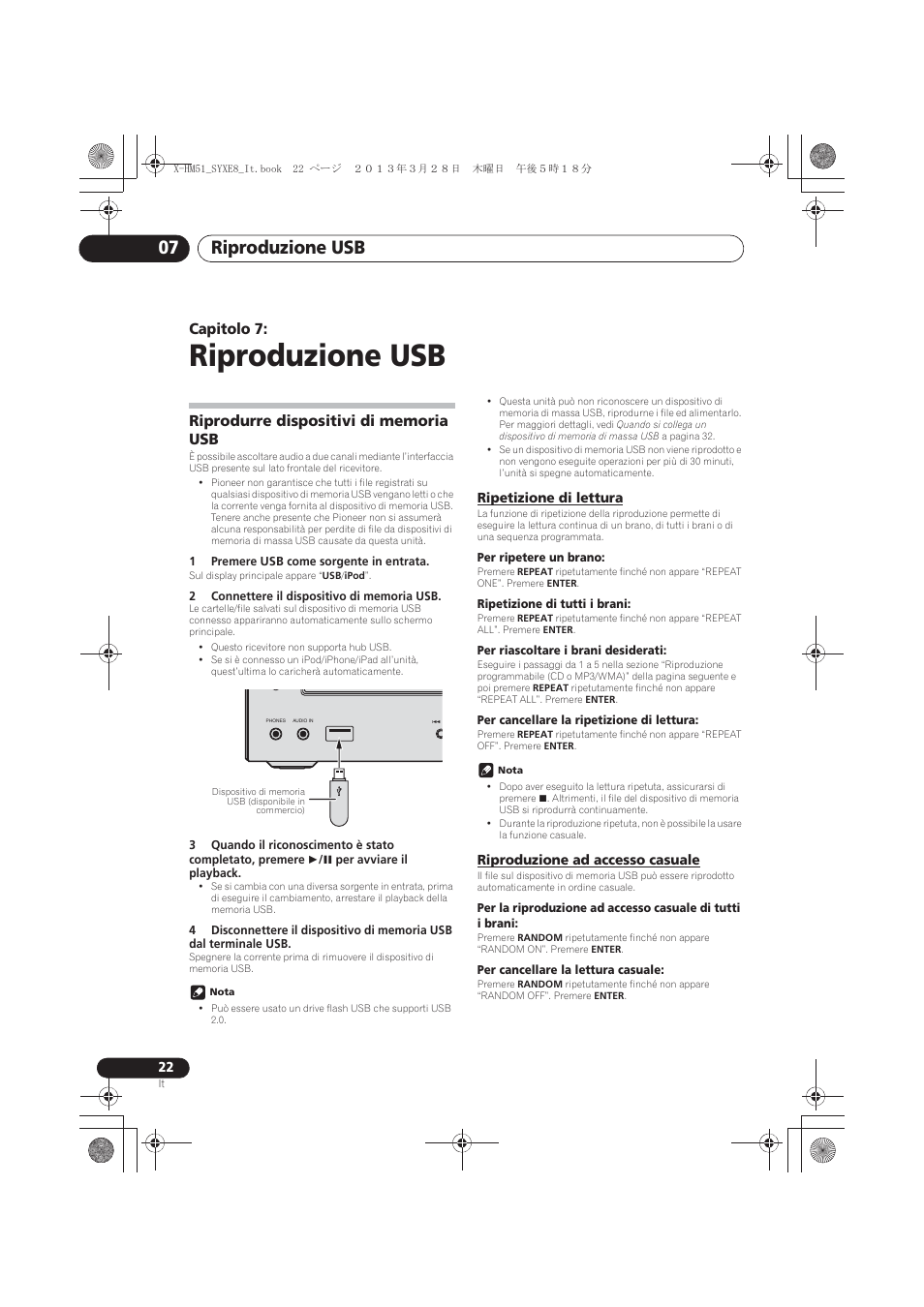 07 riproduzione usb, Riprodurre dispositivi di memoria usb, Ripetizione di lettura | Riproduzione ad accesso casuale, Riproduzione usb, Riproduzione usb 07, Capitolo 7 | Pioneer X-HM51-S User Manual | Page 130 / 256