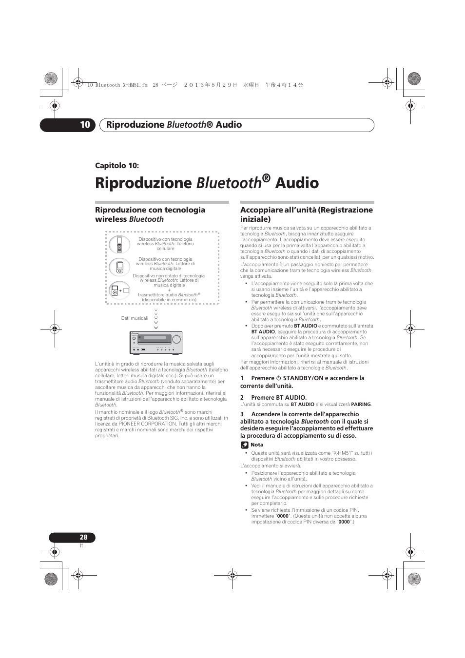 10 riproduzione bluetooth ® audio, Riproduzione con tecnologia wireless bluetooth, Accoppiare all’unità (registrazione iniziale) | Riproduzione bluetooth, Audio, Riproduzione bluetooth ® audio, Capitolo 10 | Pioneer X-HM51-S User Manual | Page 136 / 256