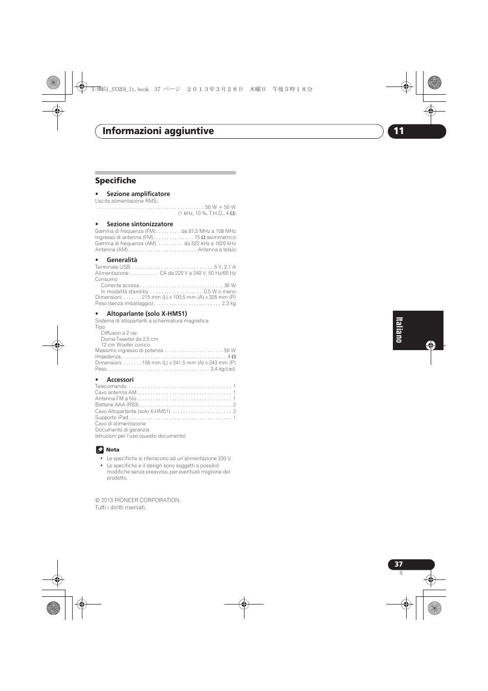 Specifiche, Informazioni aggiuntive 11 | Pioneer X-HM51-S User Manual | Page 145 / 256