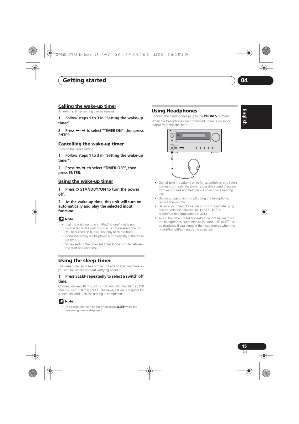 Calling the wake-up timer, Cancelling the wake-up timer, Using the wake-up timer | Using the sleep timer, Using headphones, Getting started 04, English français español, Timer | Pioneer X-HM51-S User Manual | Page 15 / 256