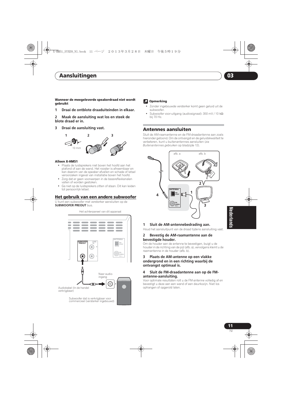 Het gebruik van een andere subwoofer, Antennes aansluiten, Aansluitingen 03 | Pioneer X-HM51-S User Manual | Page 155 / 256