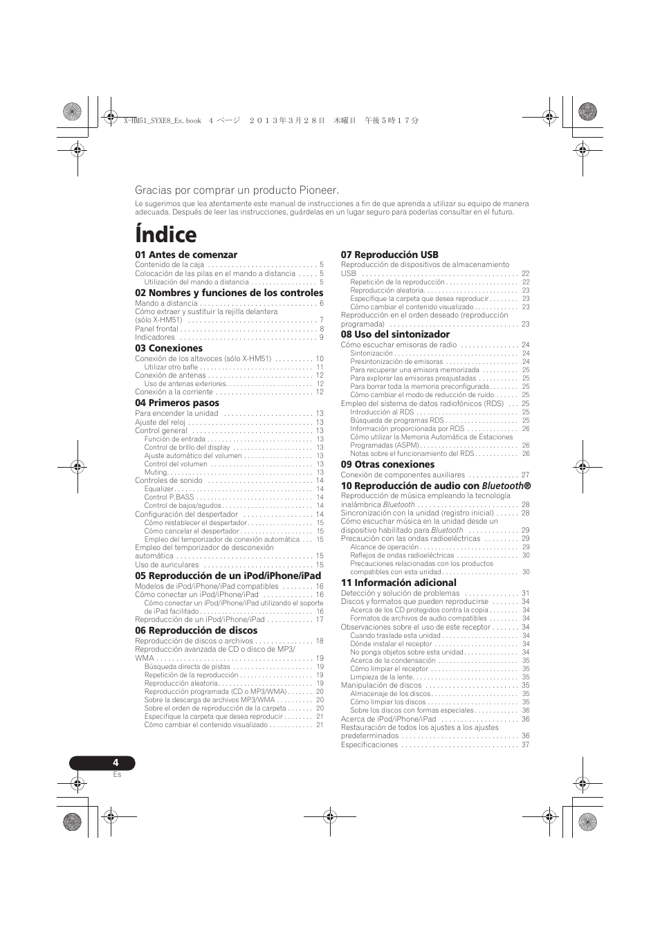 Sistema receptor de cd, Manual de instrucciones, Índice | Gracias por comprar un producto pioneer | Pioneer X-HM51-S User Manual | Page 184 / 256