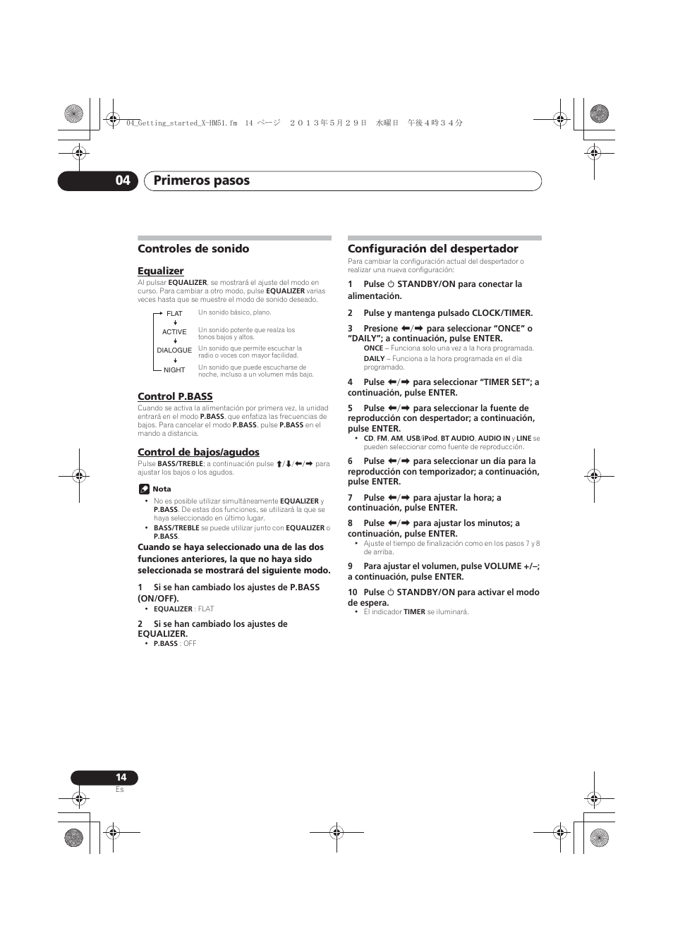 Controles de sonido, Equalizer, Control p.bass | Control de bajos/agudos, Configuración del despertador, Primeros pasos 04 | Pioneer X-HM51-S User Manual | Page 194 / 256