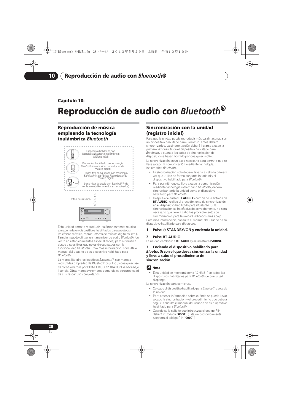 10 reproducción de audio con bluetooth, Reproducción de música empleando la tecnología, Inalámbrica bluetooth | Sincronización con la unidad (registro inicial), Reproducción de audio con bluetooth, Capítulo 10 | Pioneer X-HM51-S User Manual | Page 208 / 256