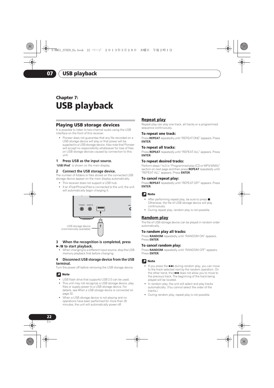 07 usb playback, Playing usb storage devices, Repeat play | Random play, Usb playback, Usb playback 07, Chapter 7 | Pioneer X-HM51-S User Manual | Page 22 / 256