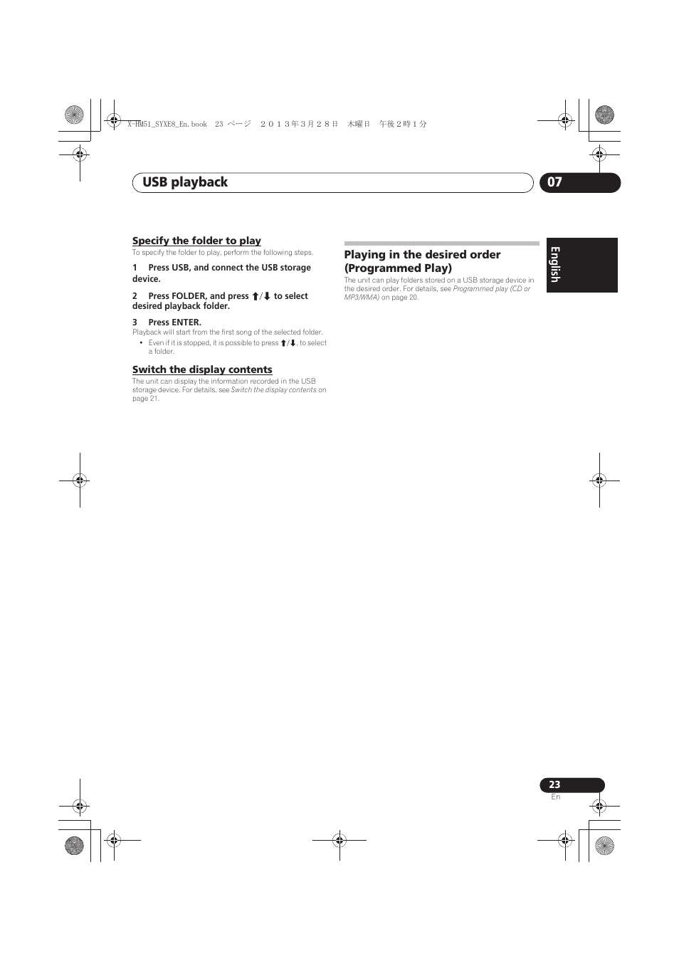 Specify the folder to play, Switch the display contents, Playing in the desired order (programmed play) | Usb playback 07, English français español | Pioneer X-HM51-S User Manual | Page 23 / 256