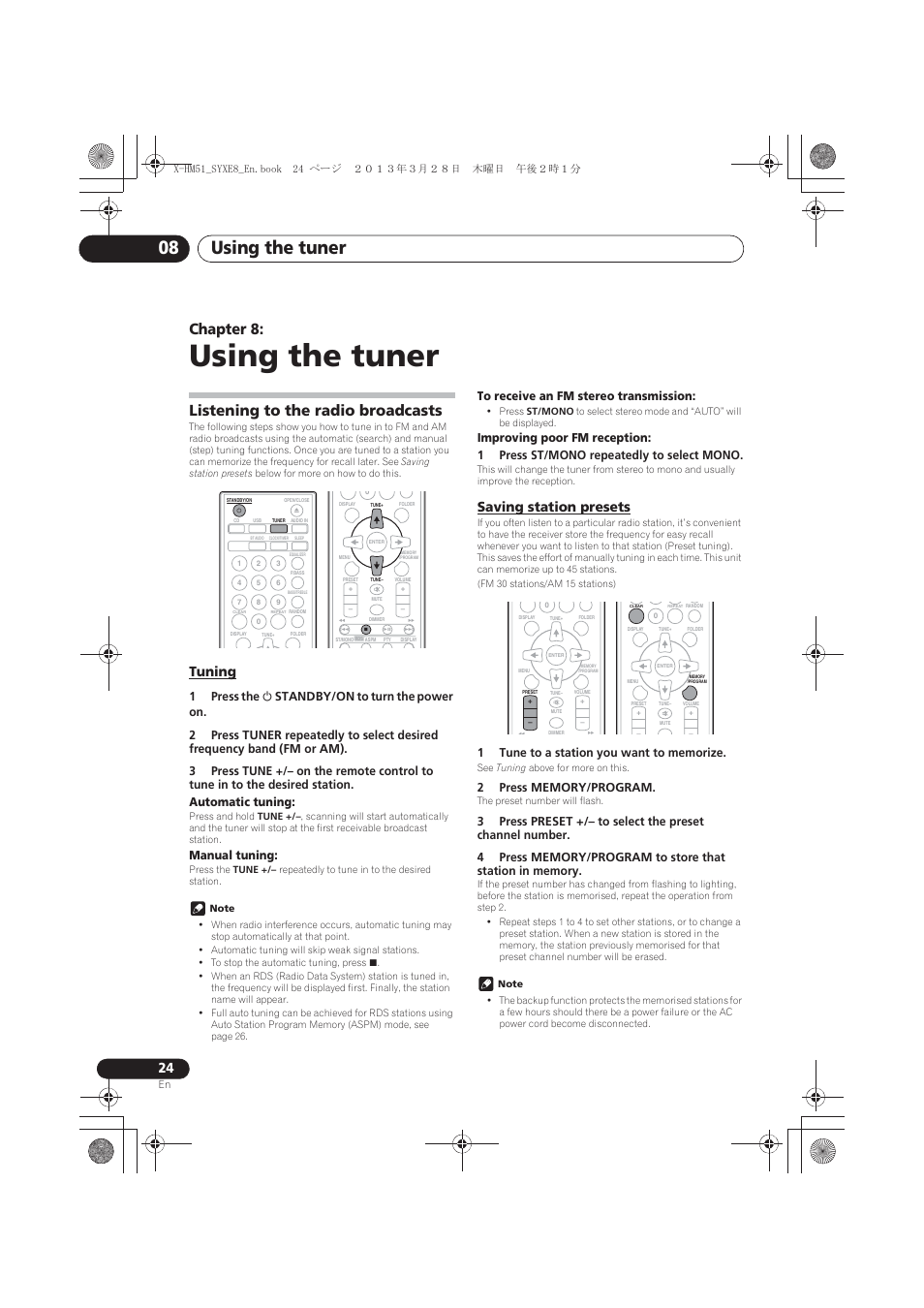 08 using the tuner, Listening to the radio broadcasts, Tuning | Saving station presets, Using the tuner, Using the tuner 08, Chapter 8, Manual tuning | Pioneer X-HM51-S User Manual | Page 24 / 256