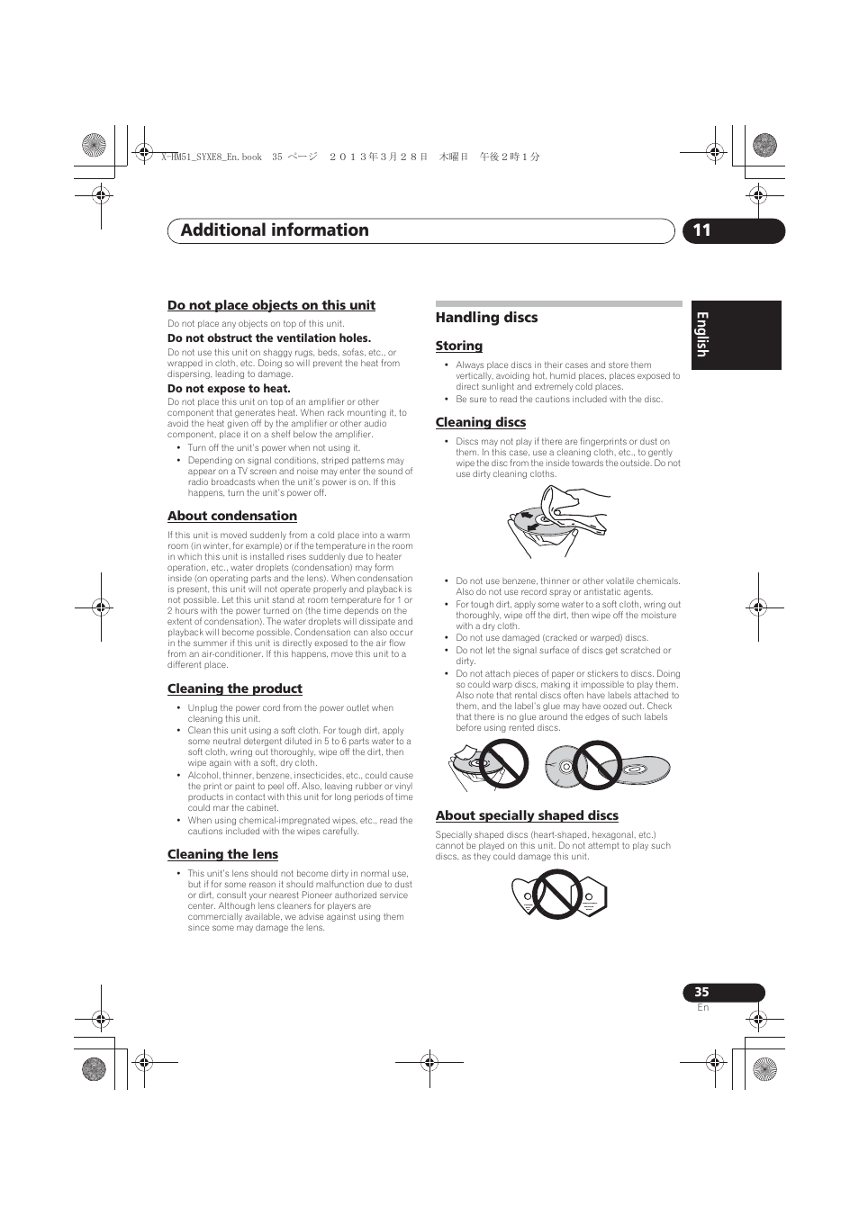 Do not place objects on this unit, About condensation, Cleaning the product | Cleaning the lens, Handling discs, Storing, Cleaning discs, About specially shaped discs, Additional information 11, English français español | Pioneer X-HM51-S User Manual | Page 35 / 256