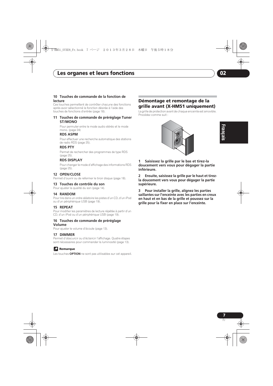 Démontage et remontage de la grille avant (x-hm51, Uniquement), Les organes et leurs fonctions 02 | Pioneer X-HM51-S User Manual | Page 43 / 256