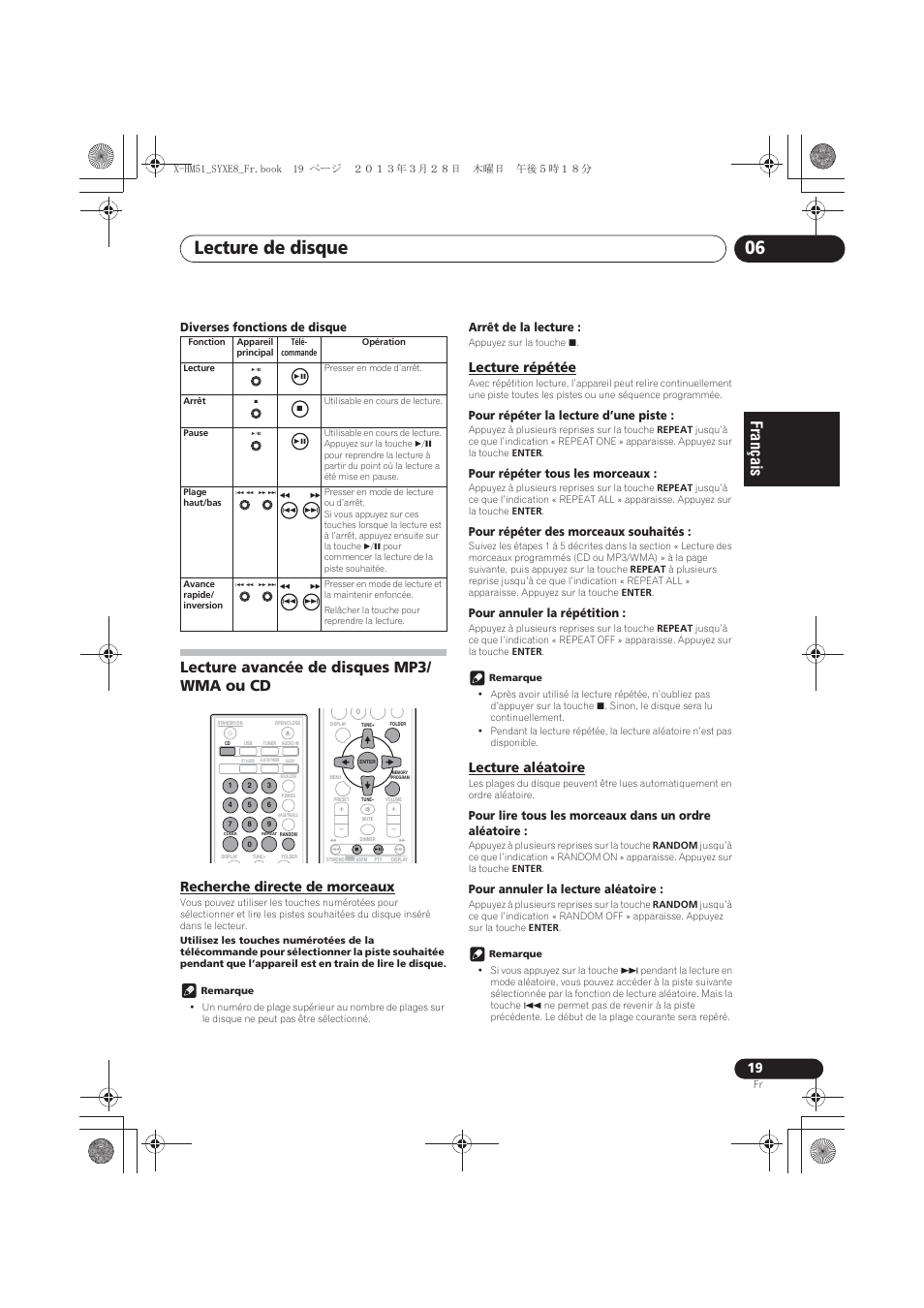 Lecture avancée de disques mp3/wma ou cd, Recherche directe de morceaux, Lecture répétée | Lecture aléatoire, Lecture de disque 06, Lecture avancée de disques mp3/ wma ou cd, Diverses fonctions de disque, Arrêt de la lecture, Pour répéter la lecture d’une piste, Pour répéter tous les morceaux | Pioneer X-HM51-S User Manual | Page 55 / 256