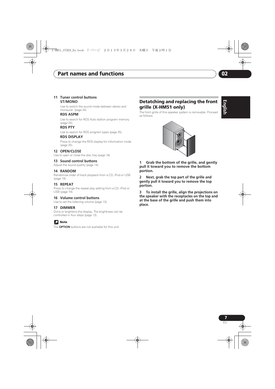 Detatching and replacing the front grille, X-hm51 only), Part names and functions 02 | English français español | Pioneer X-HM51-S User Manual | Page 7 / 256