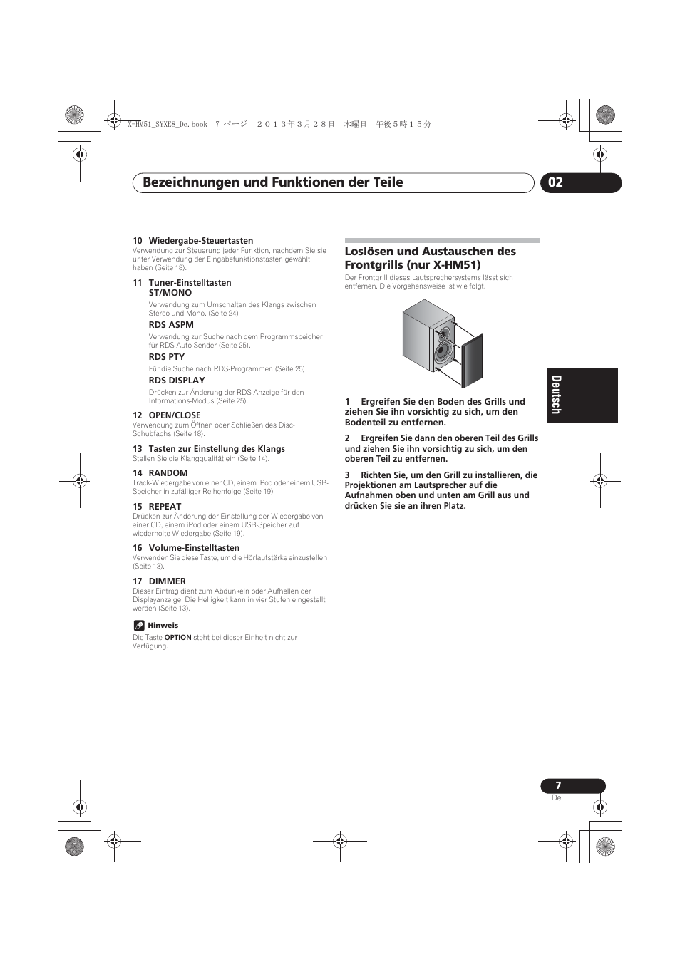 Loslösen und austauschen des frontgrills, Nur x-hm51), Bezeichnungen und funktionen der teile 02 | Pioneer X-HM51-S User Manual | Page 79 / 256