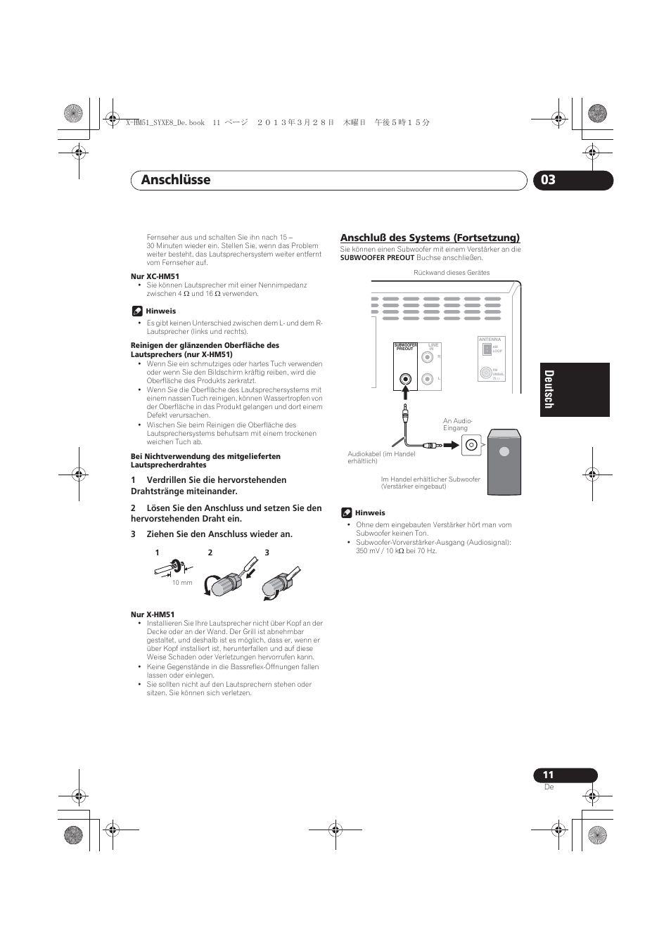 Anschluß des systems (fortsetzung), Anschlüsse 03 | Pioneer X-HM51-S User Manual | Page 83 / 256