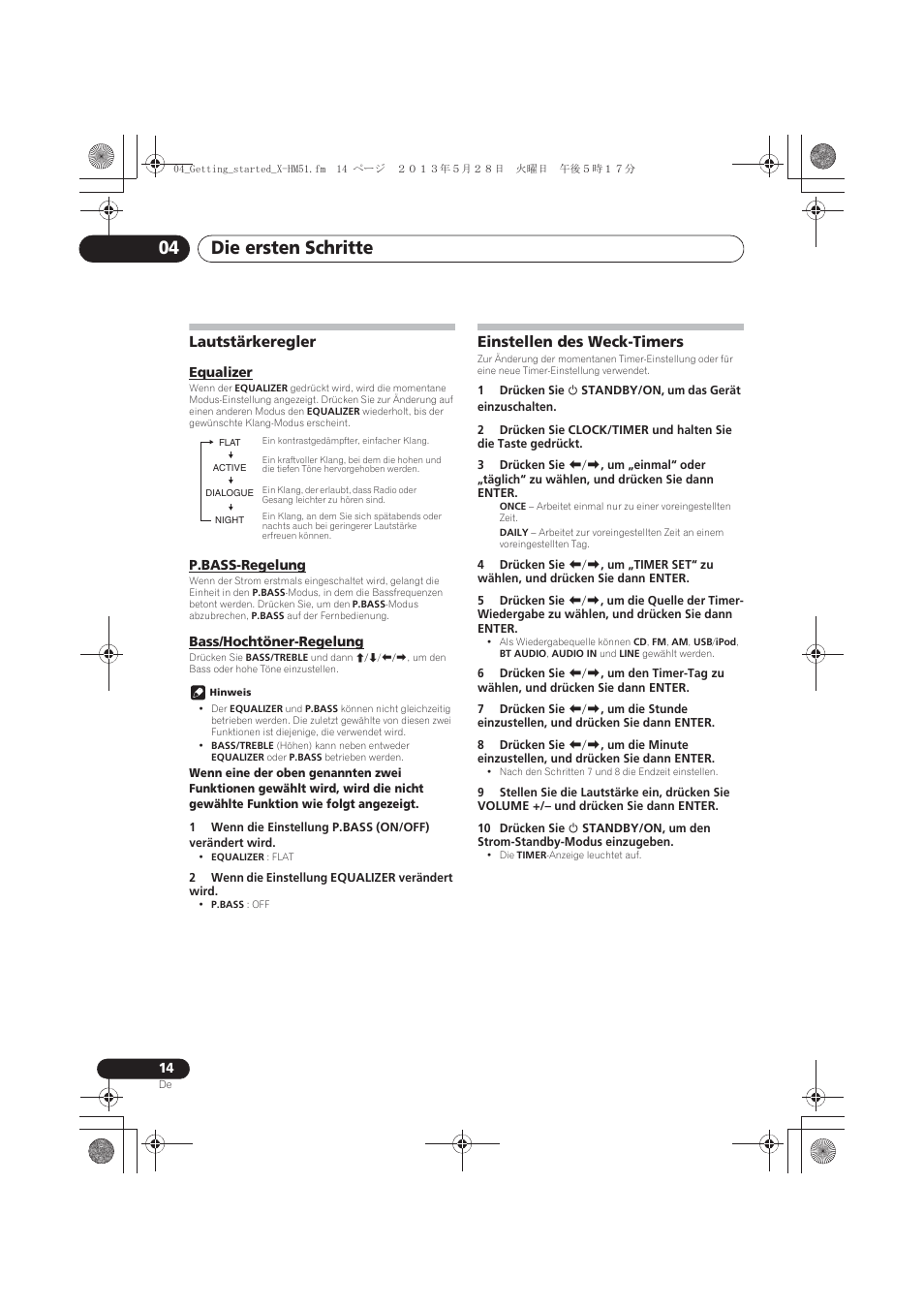 Lautstärkeregler, Equalizer, P.bass-regelung | Bass/hochtöner-regelung, Einstellen des weck-timers, Die ersten schritte 04 | Pioneer X-HM51-S User Manual | Page 86 / 256