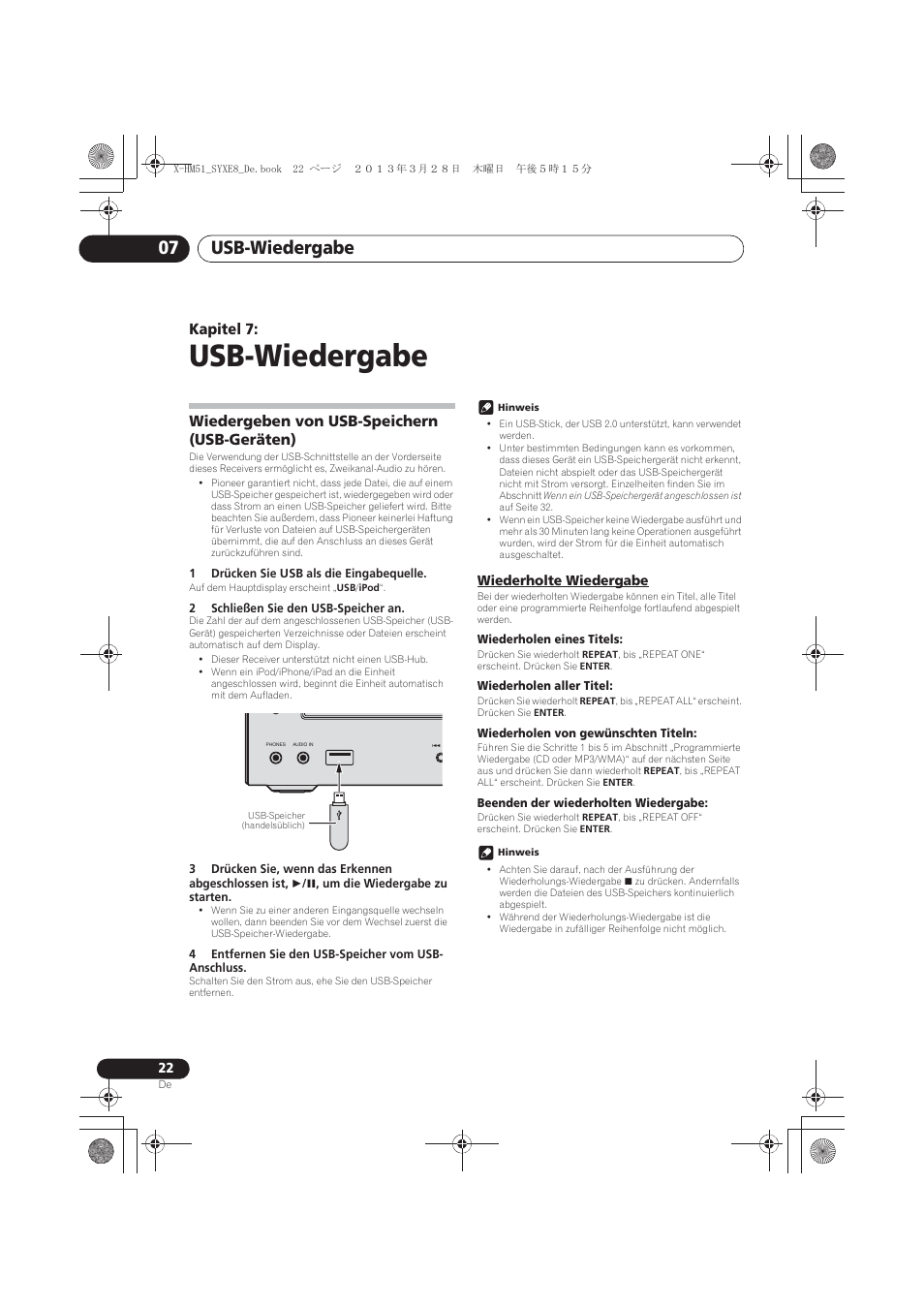 07 usb-wiedergabe, Wiedergeben von usb-speichern (usb-geräten), Wiederholte wiedergabe | Usb-wiedergabe, Usb-wiedergabe 07, Kapitel 7 | Pioneer X-HM51-S User Manual | Page 94 / 256