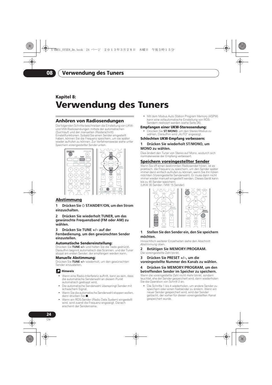 08 verwendung des tuners, Anhören von radiosendungen, Abstimmung | Speichern voreingestellter sender, Verwendung des tuners, Verwendung des tuners 08, Kapitel 8, Manuelle abstimmung, Empfangen einer ukw-stereosendung | Pioneer X-HM51-S User Manual | Page 96 / 256