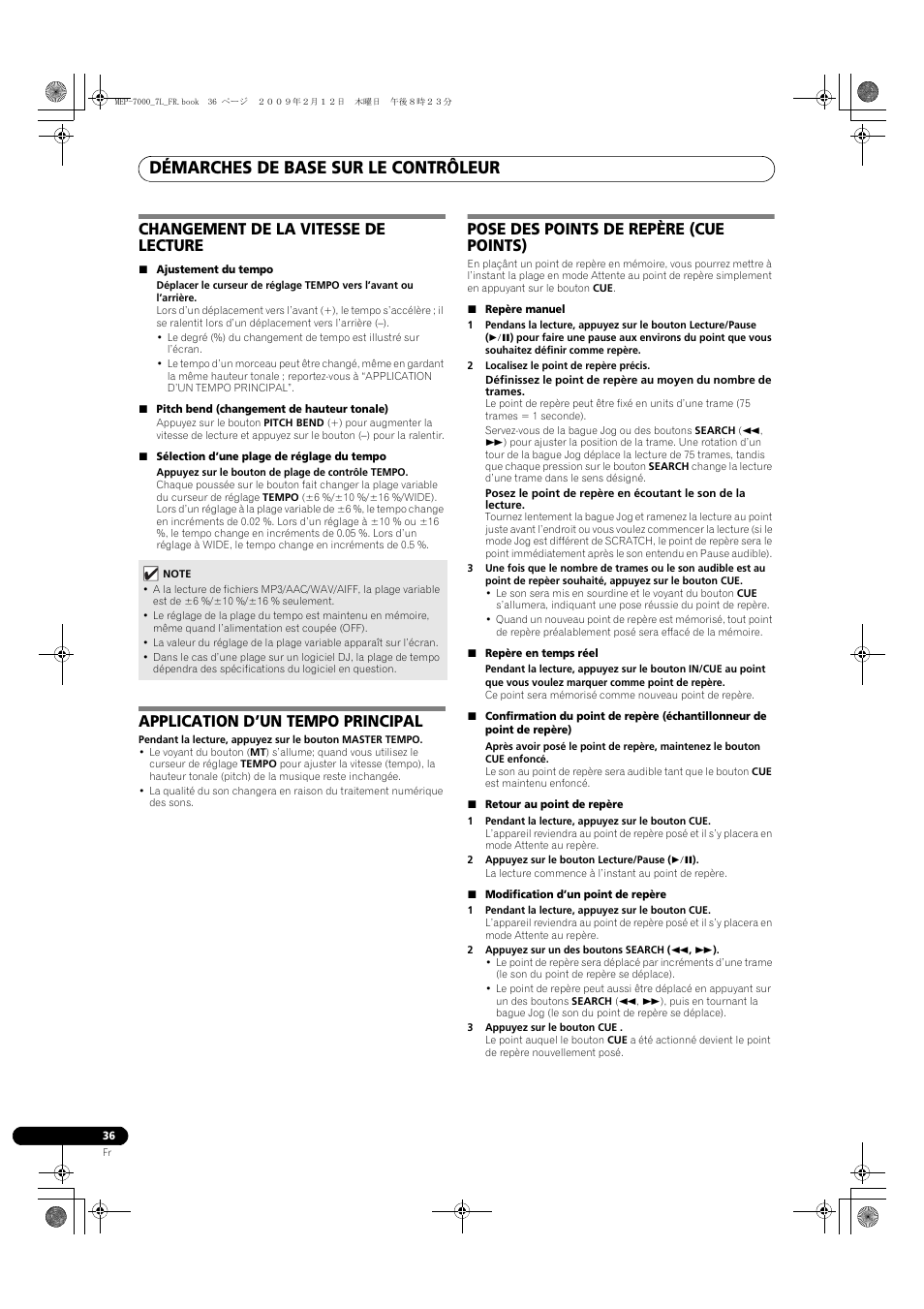 Démarches de base sur le contrôleur, Changement de la vitesse de lecture, Application d’un tempo principal | Pose des points de repère (cue points) | Pioneer MEP-7000 User Manual | Page 104 / 208