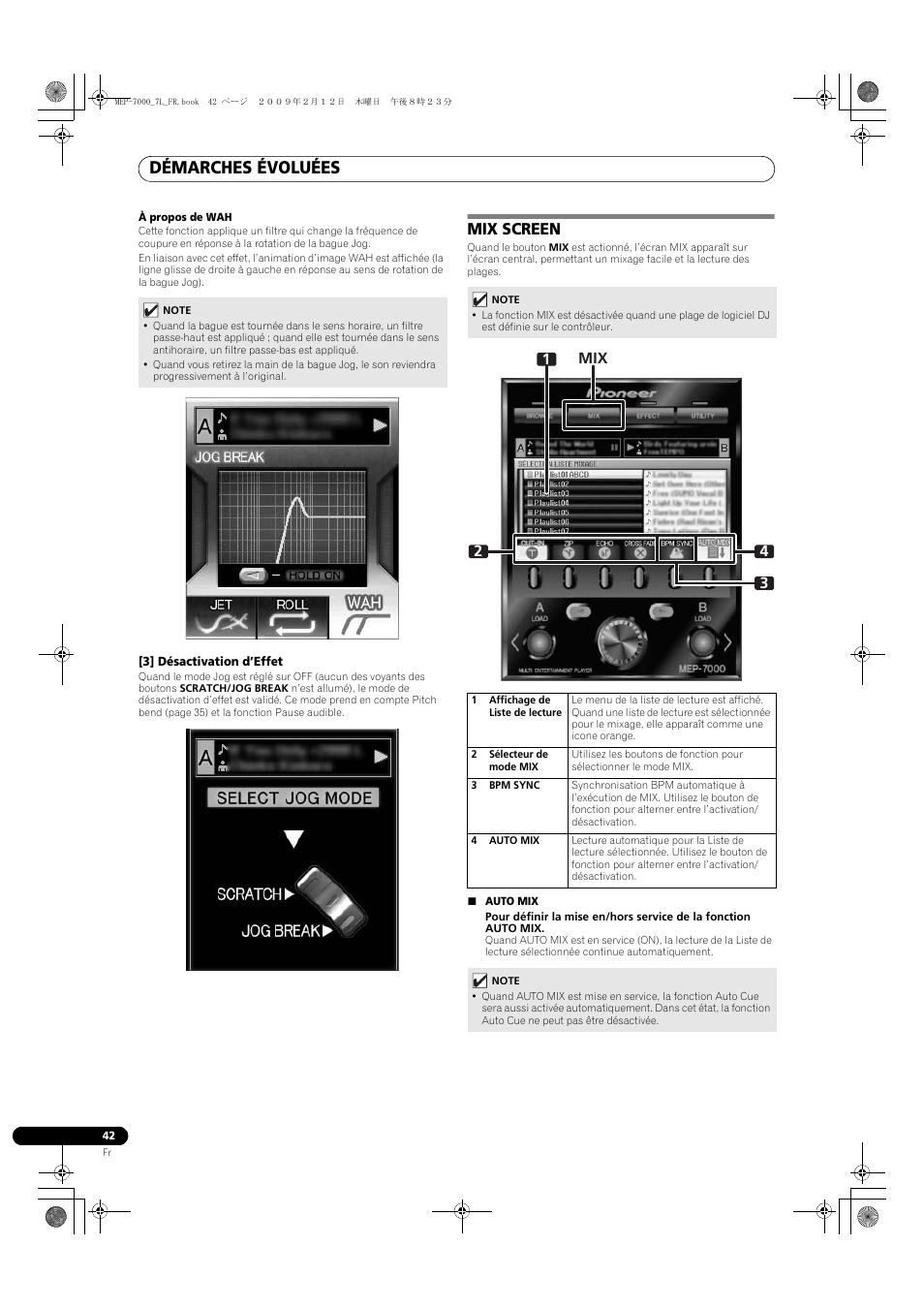 À propos de wah, Mix screen, 1 affichage de liste de lecture | 2 sélecteur de mode mix, 3 bpm sync, 4 auto mix, Auto mix, Démarches évoluées, 12 3 4 mix | Pioneer MEP-7000 User Manual | Page 110 / 208