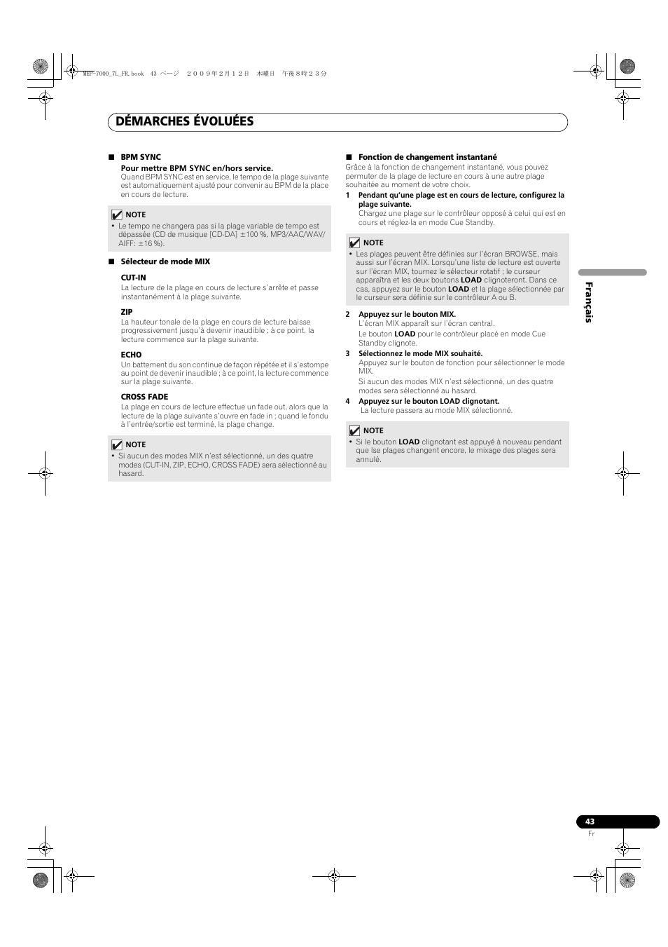 Bpm sync, Sélecteur de mode mix, Cut-in | Echo, Cross fade, Fonction de changement instantané, 2 appuyez sur le bouton mix, 3 sélectionnez le mode mix souhaité, 4 appuyez sur le bouton load clignotant, Démarches évoluées | Pioneer MEP-7000 User Manual | Page 111 / 208