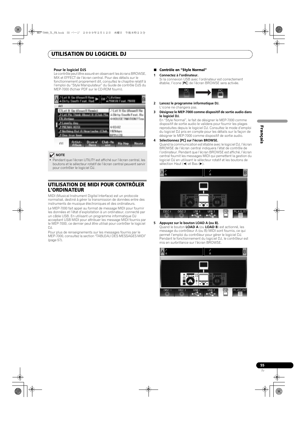 Utilisation de midi pour contrôler l’ordinateur, Contrôle en “style normal, 1 connectez à l’ordinateur | 2 lancez le programme informatique dj, 4 sélectionnez [pc] sur l’écran browse, 5 appuyez sur le bouton load a (ou b), Utilisation de midi pour contrôler, L’ordinateur, Utilisation du logiciel dj | Pioneer MEP-7000 User Manual | Page 123 / 208