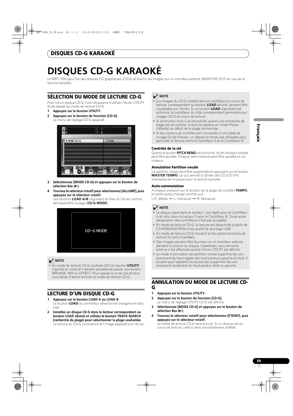 Disques cd-g karaoké, Sélection du mode de lecture cd-g, 1 appuyez sur le bouton utility | 2 appuyez sur le bouton de fonction [cd-g, Lecture d’un disque cd-g, 1 appuyez sur le bouton load a ou load b, Contrôle de la clé, Annulation partition vocale, Auto-commutation, Annulation du mode de lecture cd- g | Pioneer MEP-7000 User Manual | Page 127 / 208