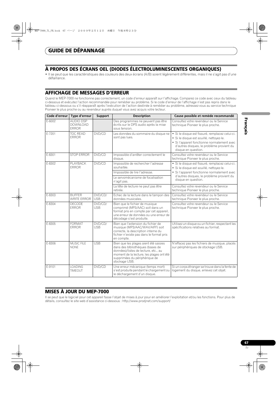 Affichage de messages d’erreur, Playback error, Mises à jour du mep-7000 | Guide de dépannage | Pioneer MEP-7000 User Manual | Page 135 / 208