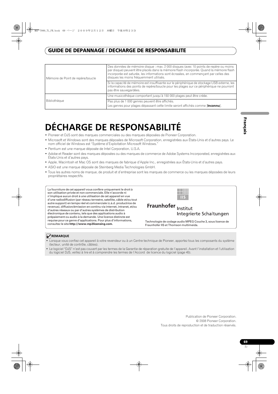 Décharge de responsabilité, Guide de depannage / decharge de responsabilite | Pioneer MEP-7000 User Manual | Page 137 / 208