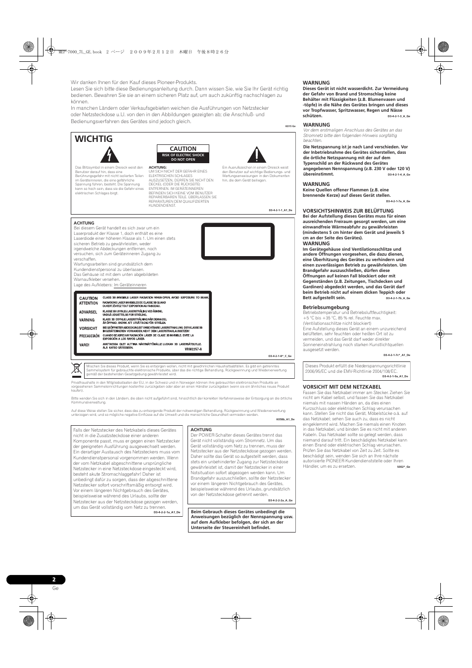 Wichtig, Laserprodukt der klasse 1, Caution | Pioneer MEP-7000 User Manual | Page 138 / 208