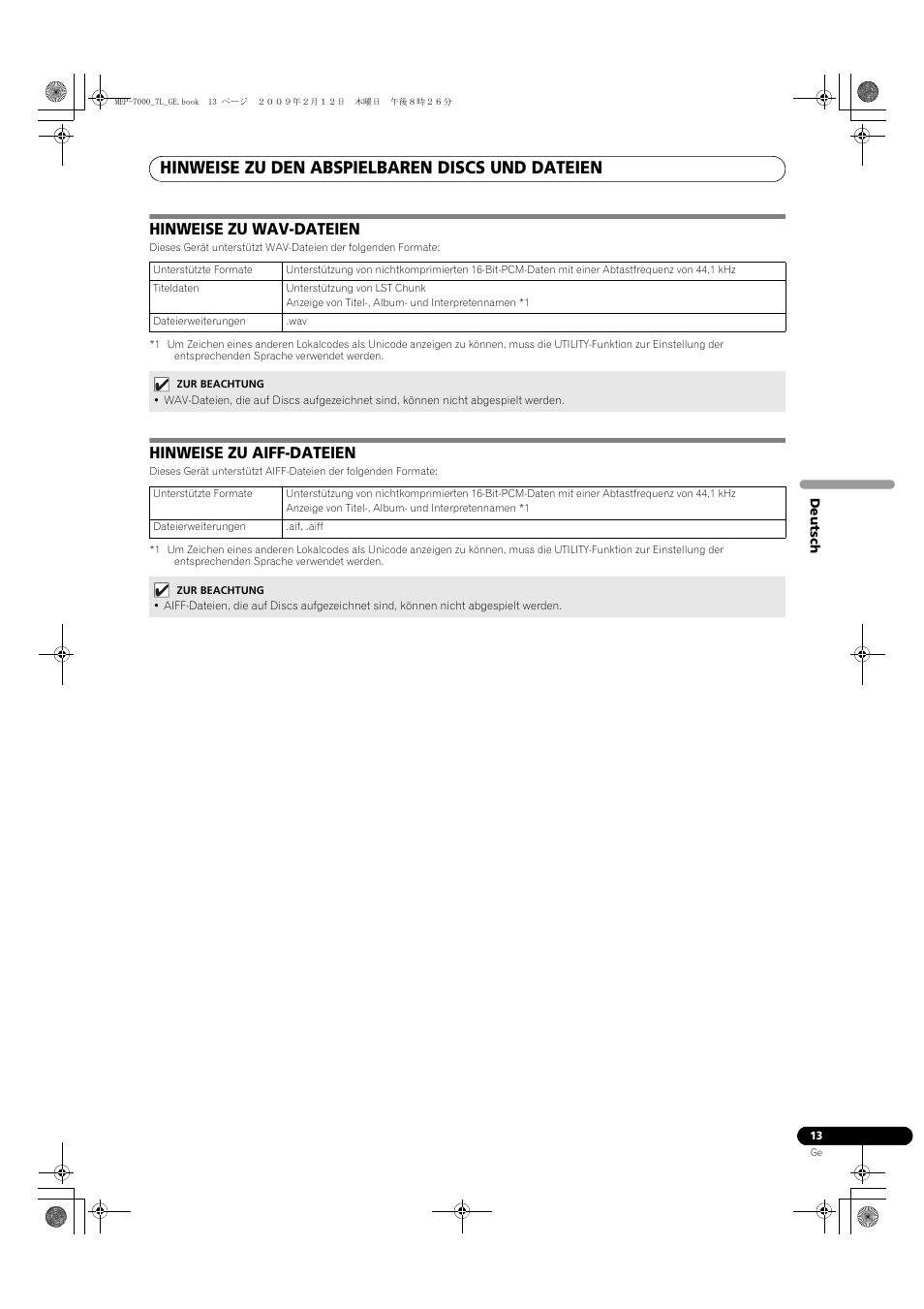 Hinweise zu wav-dateien hinweise zu aiff-dateien, Hinweise zu den abspielbaren discs und dateien, Hinweise zu wav-dateien | Hinweise zu aiff-dateien | Pioneer MEP-7000 User Manual | Page 149 / 208