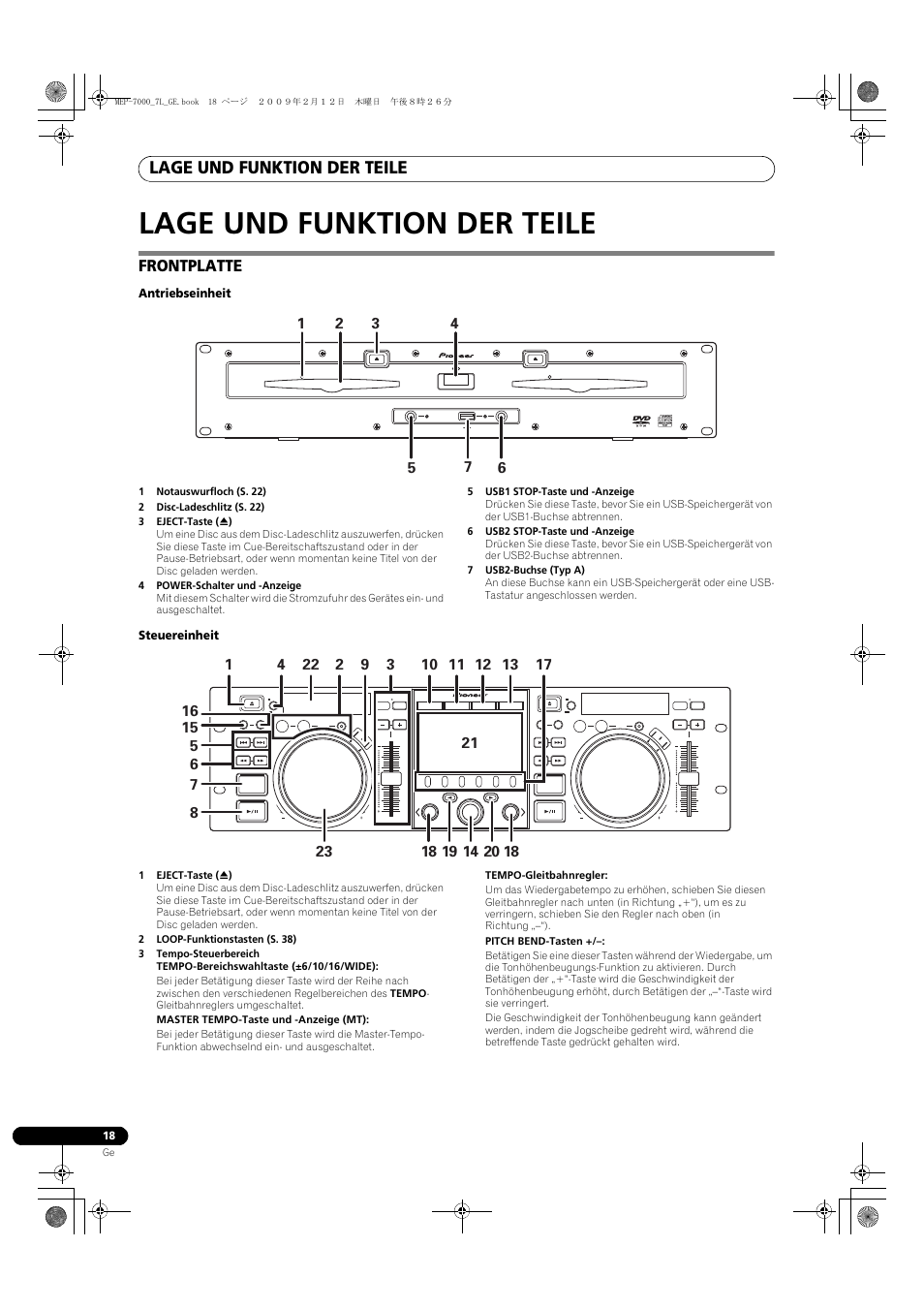 Lage und funktion der teile, Frontplatte, Antriebseinheit | Steuereinheit | Pioneer MEP-7000 User Manual | Page 154 / 208