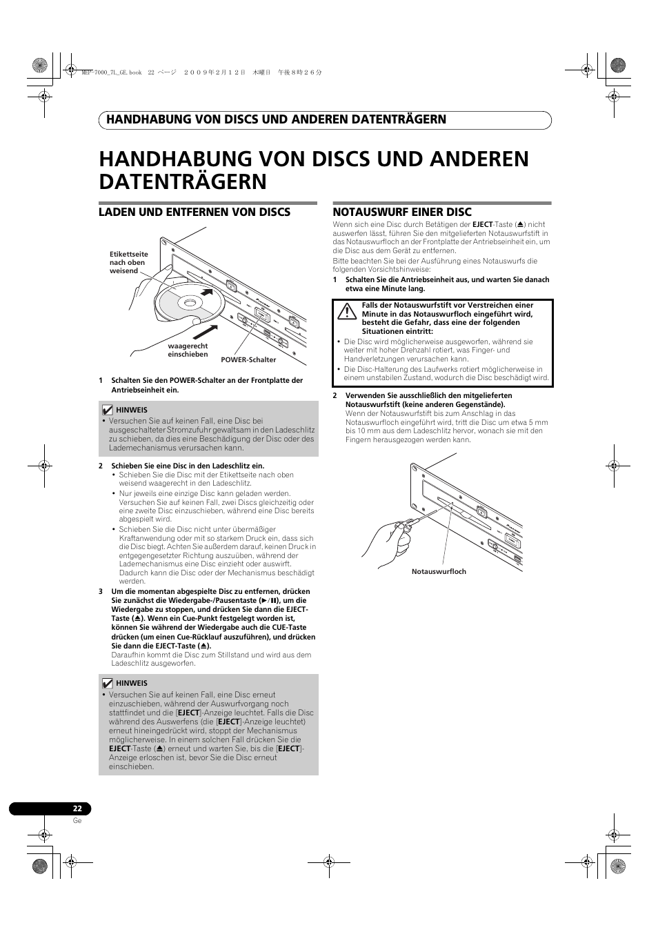 Datenträgern, Handhabung von discs und anderen datenträgern, Laden und entfernen von discs | Notauswurf einer disc | Pioneer MEP-7000 User Manual | Page 158 / 208