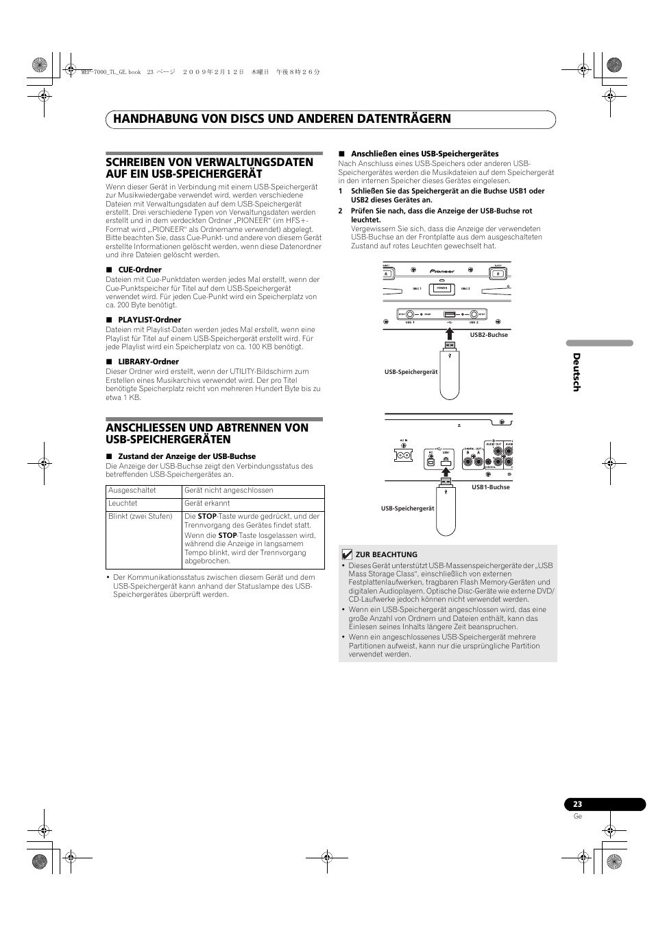Anschliessen und abtrennen von usb, Speichergeräten, Handhabung von discs und anderen datenträgern | Anschliessen und abtrennen von usb-speichergeräten | Pioneer MEP-7000 User Manual | Page 159 / 208