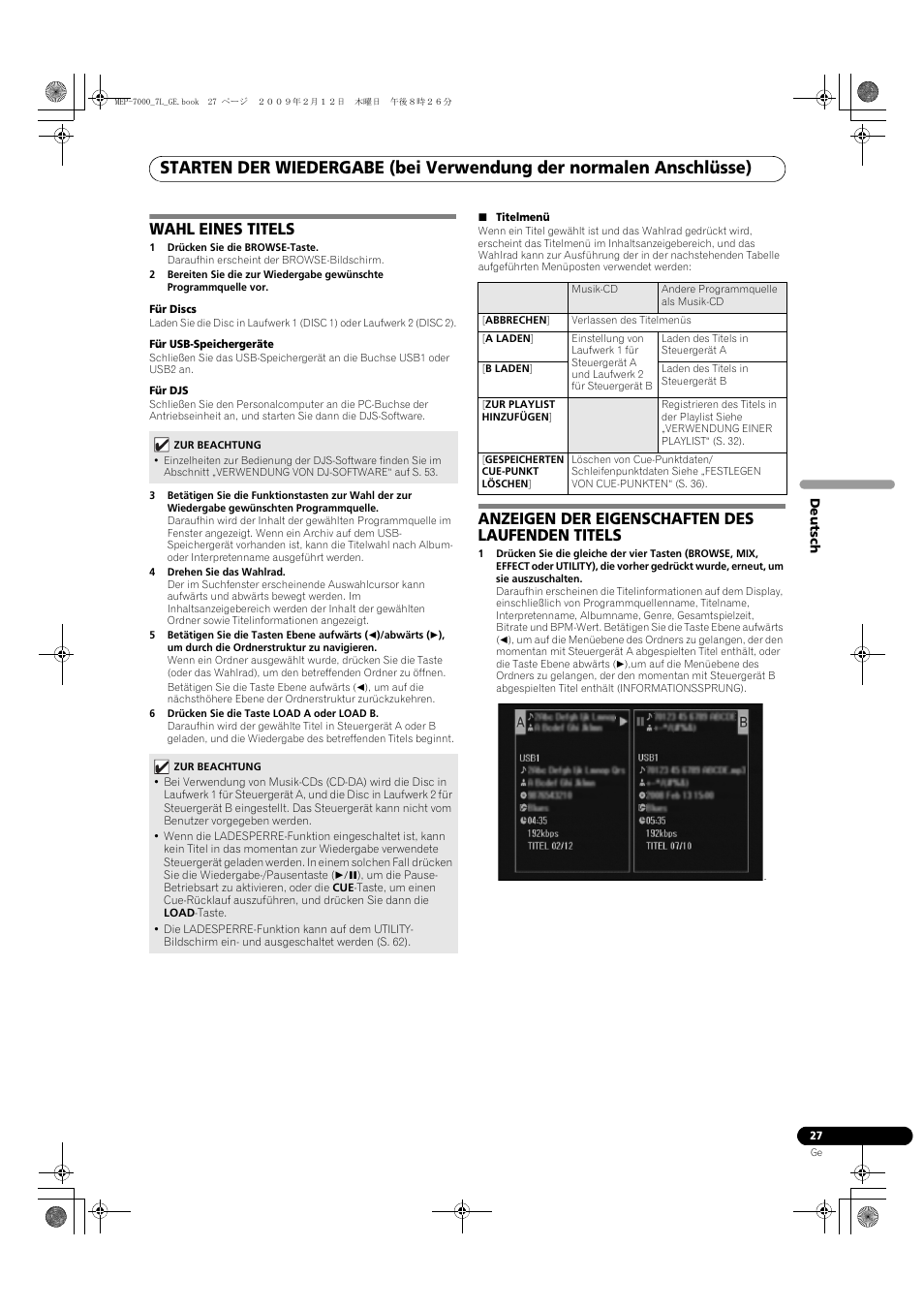 Titels, Wahl eines titels, Anzeigen der eigenschaften des laufenden titels | Pioneer MEP-7000 User Manual | Page 163 / 208