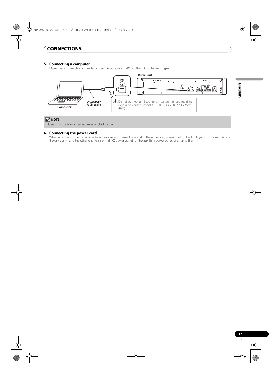 Use only the furnished accessory usb cable, Connections | Pioneer MEP-7000 User Manual | Page 17 / 208