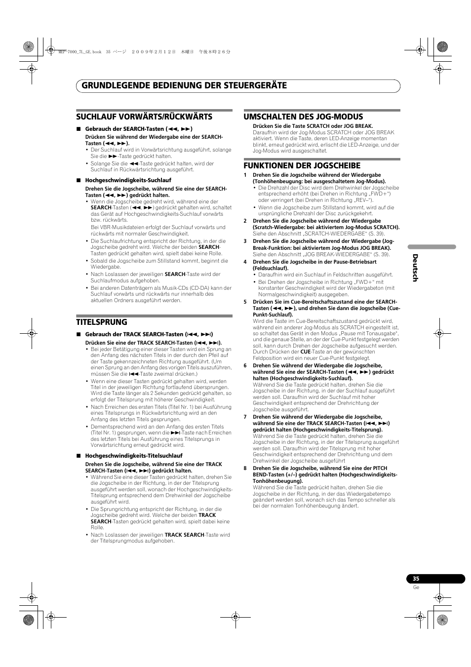 Grundlegende bedienung der steuergeräte, Suchlauf vorwärts/rückwärts, Titelsprung | Umschalten des jog-modus, Funktionen der jogscheibe | Pioneer MEP-7000 User Manual | Page 171 / 208