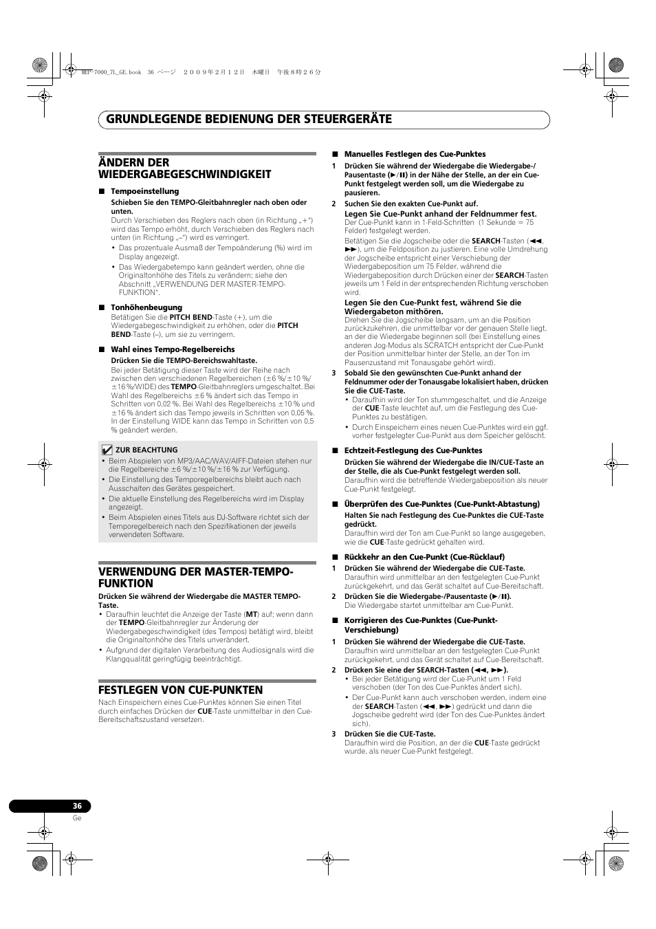 Grundlegende bedienung der steuergeräte, Ändern der wiedergabegeschwindigkeit, Verwendung der master-tempo- funktion | Festlegen von cue-punkten | Pioneer MEP-7000 User Manual | Page 172 / 208