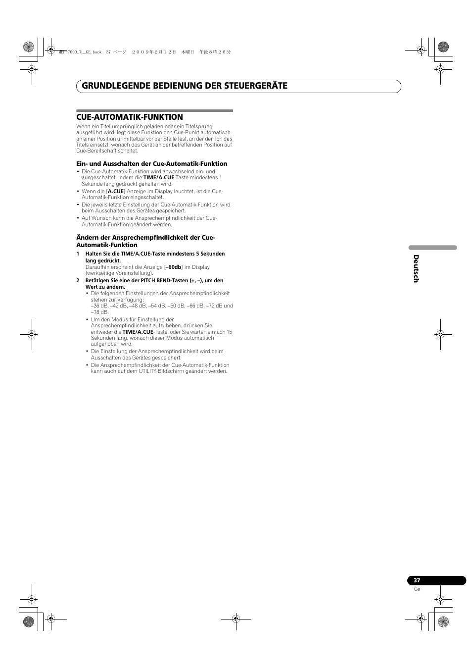 Cue-automatik-funktion, Grundlegende bedienung der steuergeräte | Pioneer MEP-7000 User Manual | Page 173 / 208