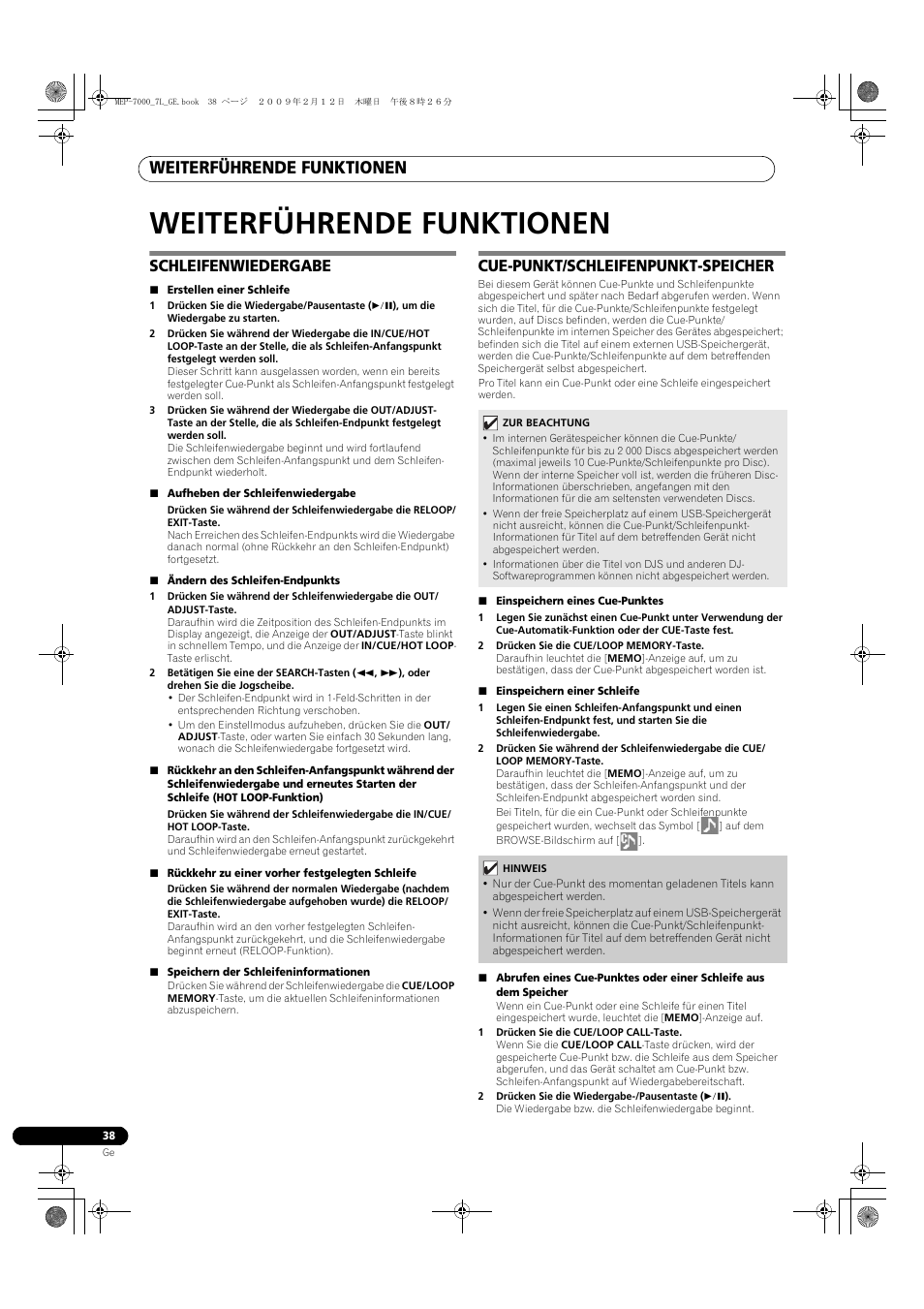 Weiterführende funktionen, Schleifenwiedergabe, Cue-punkt/schleifenpunkt-speicher | Pioneer MEP-7000 User Manual | Page 174 / 208