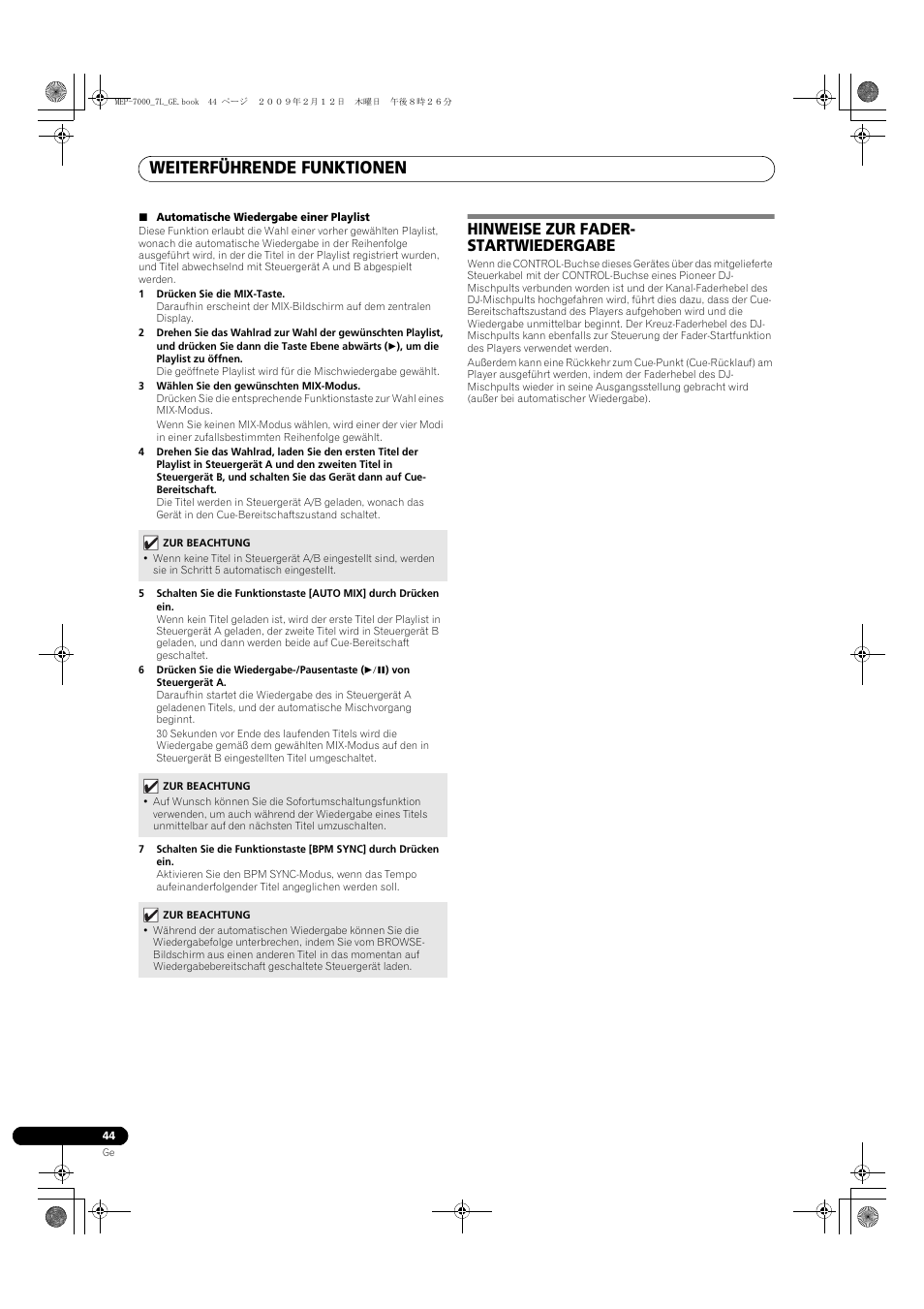 Hinweise zur fader-startwiedergabe, Weiterführende funktionen, Hinweise zur fader- startwiedergabe | Pioneer MEP-7000 User Manual | Page 180 / 208