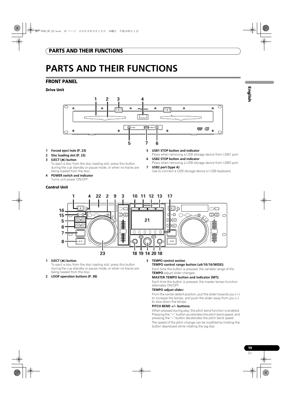 Parts and their functions, Front panel, 1 forced eject hole (p. 23) | 2 disc loading slot (p. 23), 3 eject (h) button, 4 power switch and indicator, 5 usb1 stop button and indicator, 6 usb2 stop button and indicator, 7 usb2 port (type a), 1 eject (h) button | Pioneer MEP-7000 User Manual | Page 19 / 208