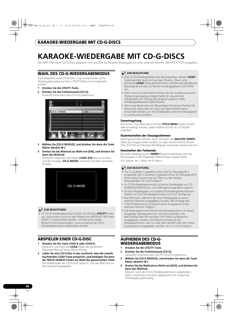 Karaoke-wiedergabe mit cd-g-discs, Wahl des cd-g-wiedergabemodus, Abspielen einer cd-g-disc | Aufheben des cd-g- wiedergabemodus | Pioneer MEP-7000 User Manual | Page 196 / 208