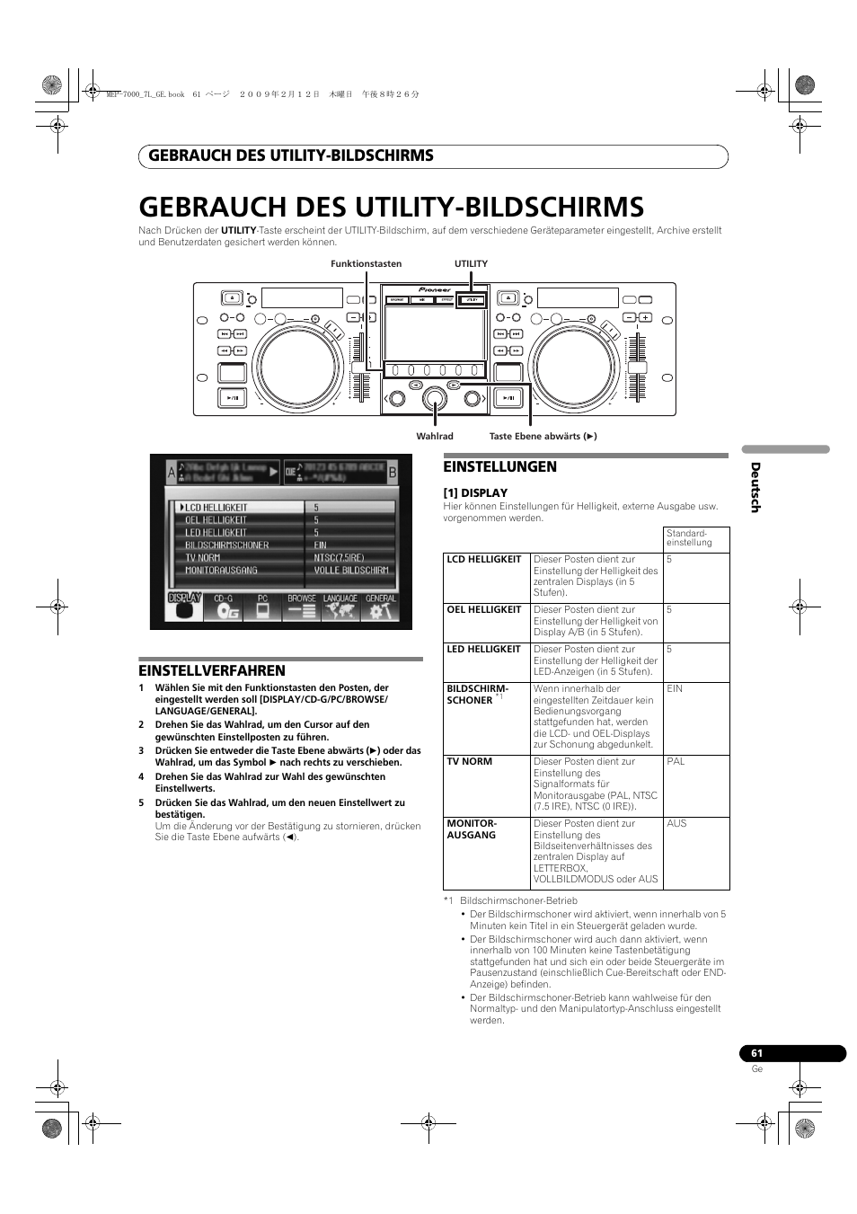 Gebrauch des utility-bildschirms, Einstellverfahren einstellungen, Einstellverfahren | Einstellungen | Pioneer MEP-7000 User Manual | Page 197 / 208