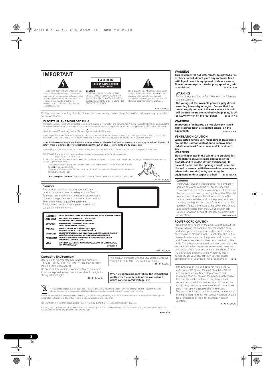 Important, Class 1 laser product, Caution | Pioneer MEP-7000 User Manual | Page 2 / 208