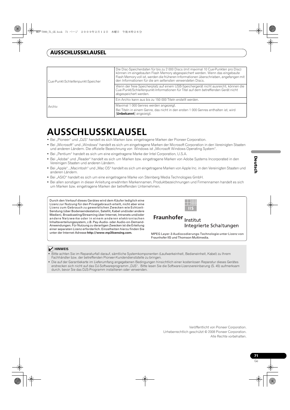 Ausschlussklausel | Pioneer MEP-7000 User Manual | Page 207 / 208