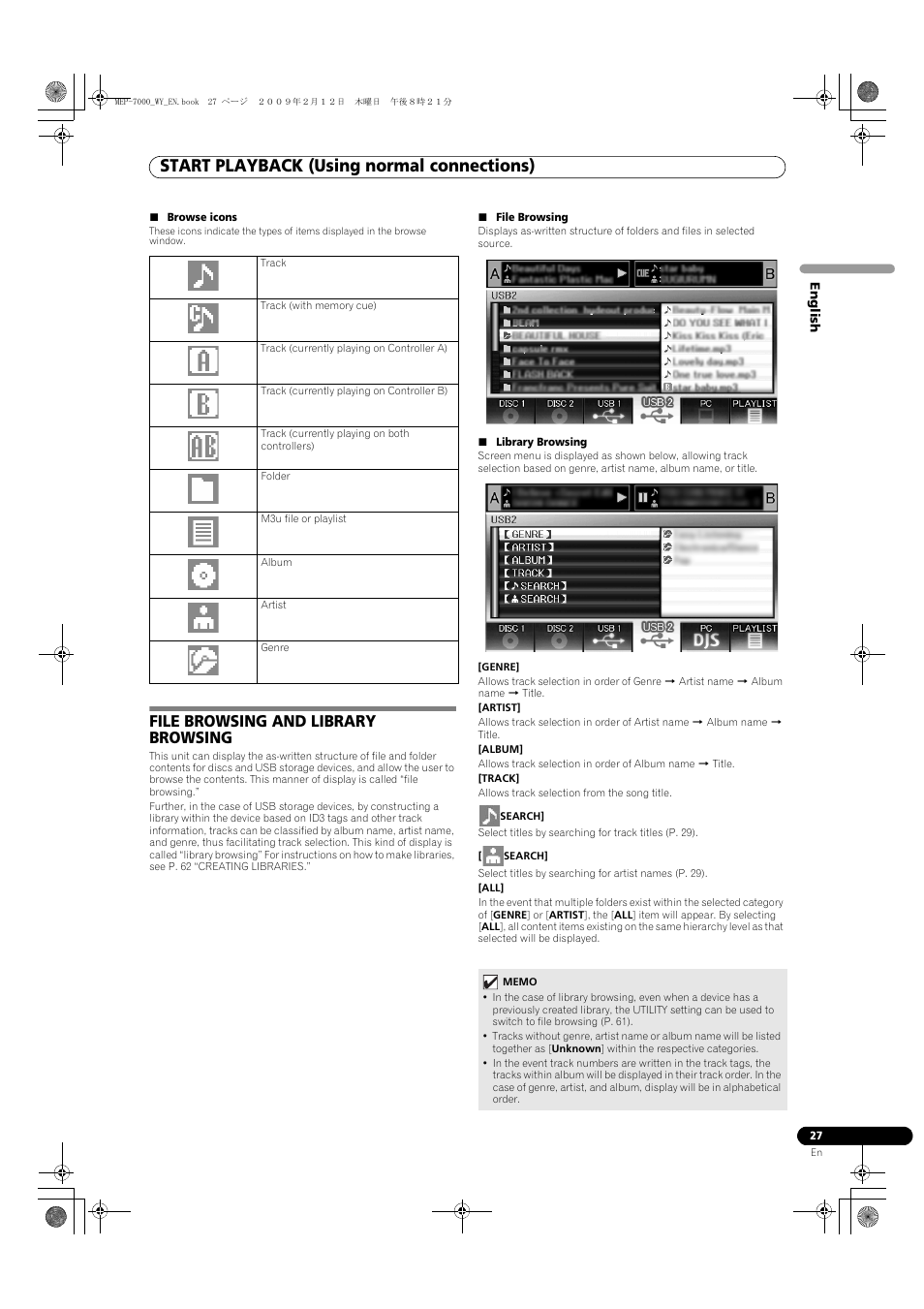 Browse icons, File browsing and library browsing, File browsing | Library browsing, Start playback (using normal connections) | Pioneer MEP-7000 User Manual | Page 27 / 208