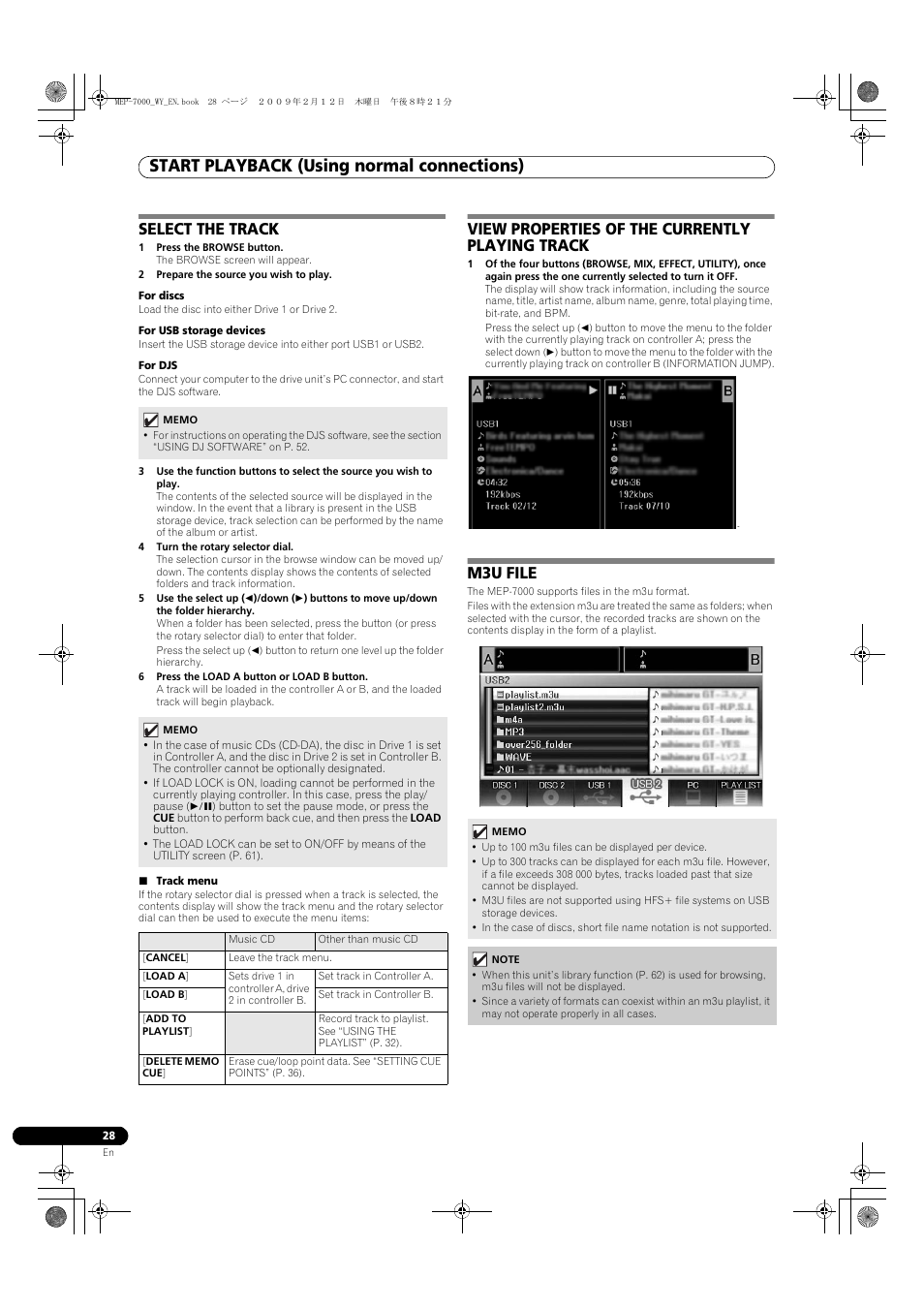 Select the track, 1 press the browse button, 2 prepare the source you wish to play | For discs, For usb storage devices, For djs, 4 turn the rotary selector dial, 6 press the load a button or load b button, Track menu, View properties of the currently playing track | Pioneer MEP-7000 User Manual | Page 28 / 208