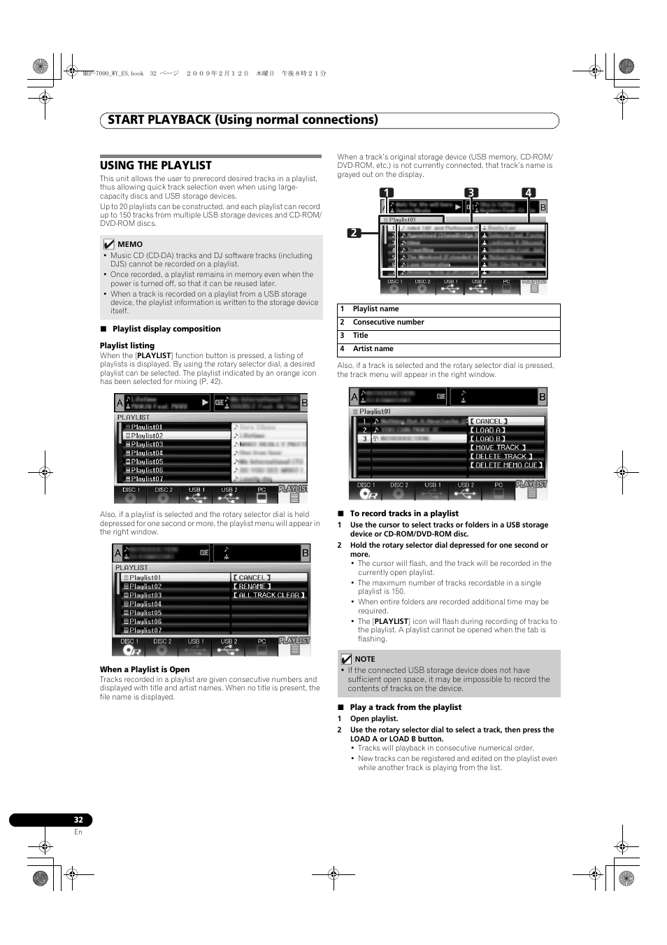 Using the playlist, Playlist display composition, Playlist listing | When a playlist is open, 1 playlist name, 2 consecutive number, 3 title, 4 artist name, To record tracks in a playlist, Play a track from the playlist | Pioneer MEP-7000 User Manual | Page 32 / 208